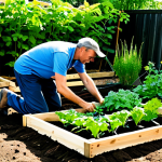 A professional male gardener, fully clothed in modest and appropriate attire, with perfect anatomy and natural proportions, gently tending to a raised garden bed filled with lush, vibrant organic vegetables. The foreground highlights rich, dark, healthy soil teeming with life, subtly suggesting beneficial microorganisms and earthworms. Sunlight gently illuminates the scene, emphasizing the healthy foliage and the gardener's well-formed hands carefully touching the soil and plants. The background shows a well-organized, thriving backyard garden, showcasing a professional and family-friendly environment. safe for work, appropriate content, professional photography, high quality.