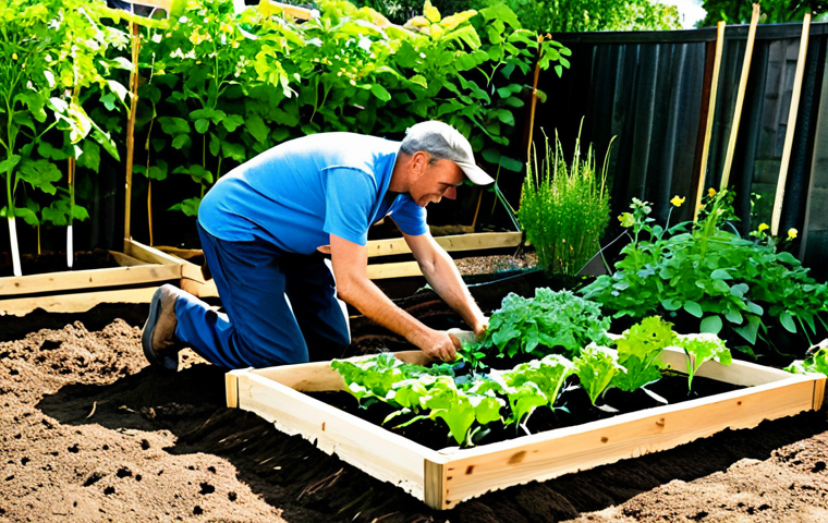 A professional male gardener, fully clothed in modest and appropriate attire, with perfect anatomy and natural proportions, gently tending to a raised garden bed filled with lush, vibrant organic vegetables. The foreground highlights rich, dark, healthy soil teeming with life, subtly suggesting beneficial microorganisms and earthworms. Sunlight gently illuminates the scene, emphasizing the healthy foliage and the gardener's well-formed hands carefully touching the soil and plants. The background shows a well-organized, thriving backyard garden, showcasing a professional and family-friendly environment. safe for work, appropriate content, professional photography, high quality.